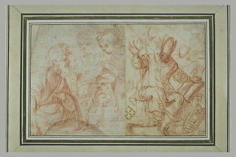 Les trois âges de l'homme face à la Mort ou La Mort apparaissant à trois philosophes ; évêque assis tenant un livre et esquisse de deux figures, image 1/1