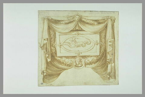 Cartouche en forme de draperie, avec des guirlandes ornées de mascarons : signe du Capricorne, image 1/1