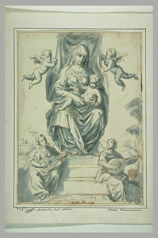 La Vierge tenant l'Enfant Jésus, assise sur un trône et entourée d'anges, image 1/1