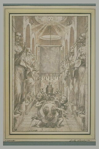 Armoiries d'Urbain VIII, portées par des anges à travers une haie de saints, image 1/1