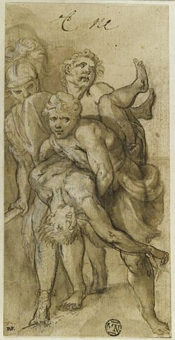 Deux hommes accompagnés de Francus portant le cadavre d'un de ses compagnons, image 1/2
