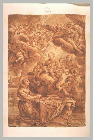 Adoration de l'Enfant Jésus parmi les anges, avec saint, livres, lis, croix, image 1/1