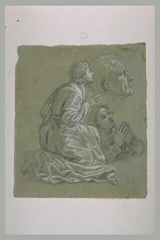 Homme agenouillé priant, demi-figure les mains jointes et tête d'homme, image 1/1
