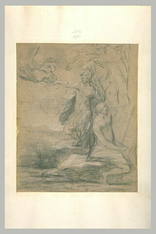 Figure nue, assise, dessinant un guerrier et une figure descendant du ciel, image 1/1