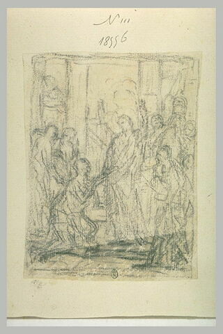 Foule entourant une figure à genoux devant le Christ : miracle du Christ (?), image 1/1