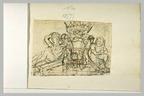 Deux figures assises sur un fronton encadrant un médaillon couronné, image 1/1
