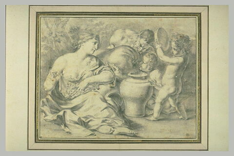 Une femme assise, un faune remplissant un vase et deux enfants nus