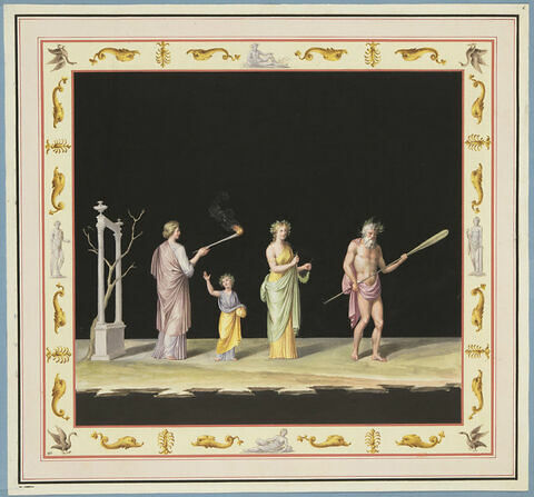 Procession de quatre personnages, tenant une torche et une couronne.