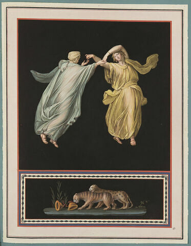 Deux femmes dansant dans les airs ; deux fauves s'approchant de cymbales