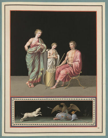 Trois figures autour d'une besace conservant des rouleaux ; aigle, chien, image 1/2