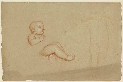 Enfant nu, demi-assis, tourné vers la droite. Silhouette d'un enfant debout., image 1/2