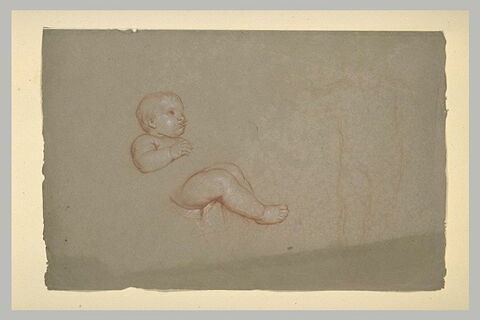 Enfant nu, demi-assis, tourné vers la droite. Silhouette d'un enfant debout., image 2/2