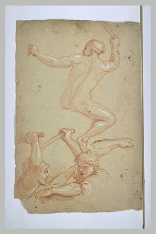 Cavalier nu, vu presque de dos ; deux hommes en buste, au combat, image 1/1