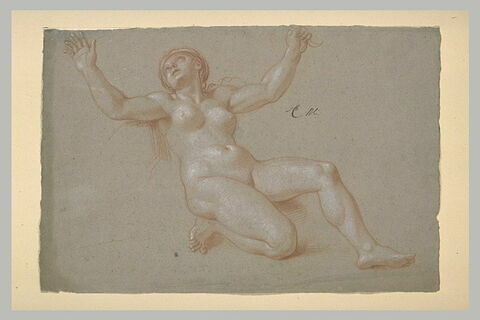 Femme nue, un genou à terre, les bras ouverts