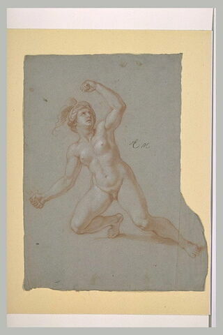 Femme nue, casquée, un genou à terre