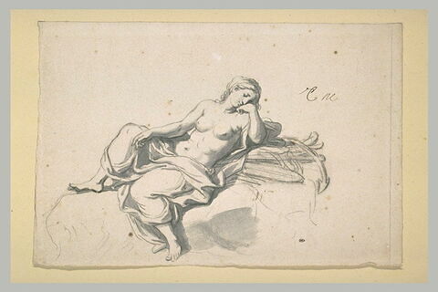 Femme demi nue, accoudée sur un amas de rames et d'ancre