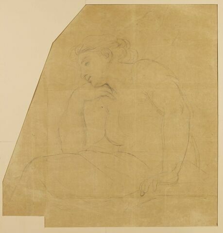 Femme assise, de profil, la tête appuyée sur sa main, image 1/1
