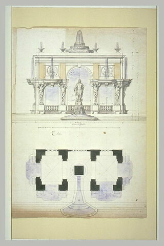Elévation et plan d'un pavillon, avec statue royale