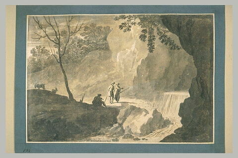 Plusieurs figures au bord d'un torrent, dans un paysage rocheux