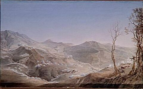 Vue du village de Ferrare et du torrent du Ri, avec les monts Baldo, Serbiole et Albare, 12 janvier 1797
