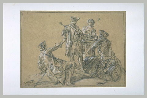 Une cantinière versant à boire à trois soldats de la garde française..., image 1/1