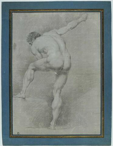 Figure d'académie : homme nu, vu de dos, le torse incliné vers la gauche...