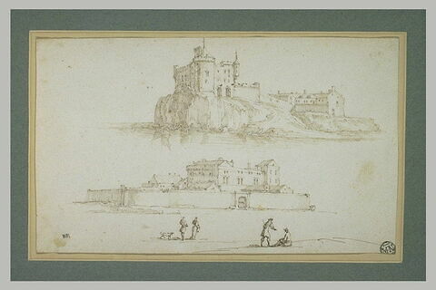 Château sur un promontoire entouré d'eau, château fortifié avec personnages, image 1/1