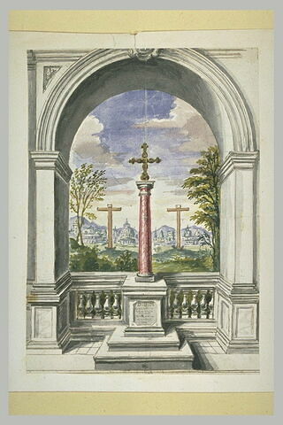 Croix sur une colonne, dans une arcade ouverte sur un paysage