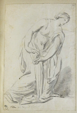 Une femme drapée courbée, vue de profil vers la droite, image 1/2