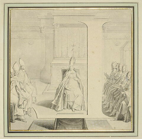 La lettre L, inversée, entourée des personnages devant un autel