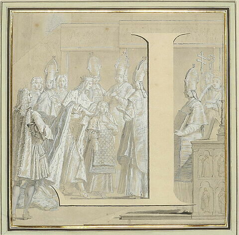 La lettre L, inversée, devant Louis XV recevant le manteau royal