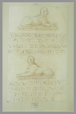 Deux figures de Sphinx avec des inscriptions en hiéroglyphes