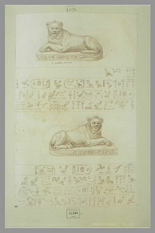 Deux lions accroupis ; inscriptions en hiéroglyphes