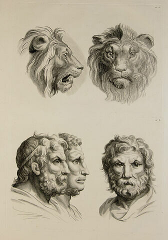Deux têtes de lions et trois têtes d'hommes en rrelation avec le lion.