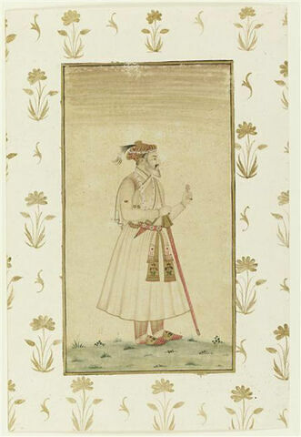 Portrait de l'empereur Shah Jahan : vu en pied, il tient une fleur et porte une longue épée