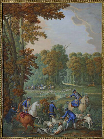 Les Chasses de Louis XVI : On découple la vieille meute au carrefour de la Petite Patte d'Oie en forêt de Compiègne, image 1/1