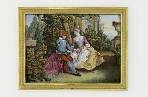 Une dame et un jeune paysan assis dans un jardin