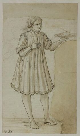 Jeune homme, vêtu d'une journade, deboutmain dr, portant la oite sur la poitrine et présentant de la gauche un cœur transpercé d'une flèche posé sur un plateau ; esquisse de la tête et du buste de la même figure