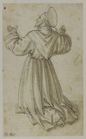 Saint franciscain à genoux, vu de trois-quarts par le dos, tourné vers la gauche, en profil  fuyant, les bras levées : Saint François recevant les stigmates ?