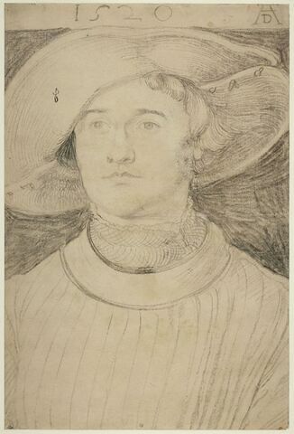 Portrait d'homme de face, en buste, coiffé d'un large chapeau