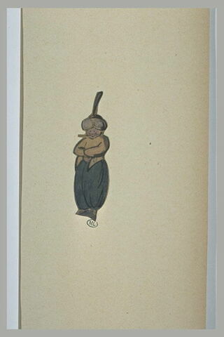 Caricature d'un turc, à pantalon bouffant, coiffé d'un turban à aigrette, image 1/1