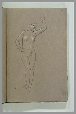 Femme nue, debout, de face, bras gauche levé, image 1/1