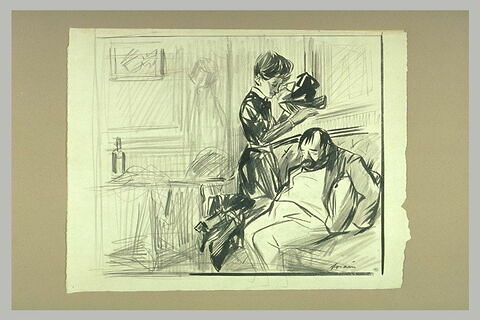 Un homme affaissé et endormi sur un divant et une jeune femme