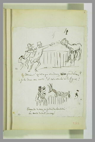 Caricatures : deux hommes devant un lama ; couple contemplant un cerf, image 1/1