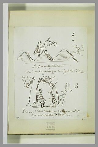 Caricatures : jockey tombant devant un obstacle ; Saint Louis et un jockey, image 1/1