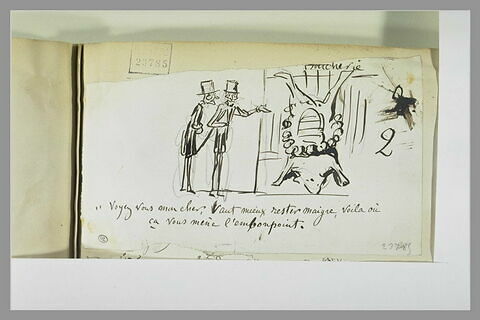 Caricature : deux bourgeois devant un boeuf mort suspendu, image 1/1