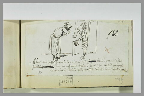 Caricature : homme en robe de chambre recevant un huissier, image 1/1