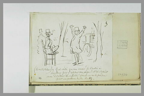 Caricature : homme levant les bras face à un homme assis en tailleur, image 1/1