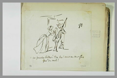 Caricature : jeune femme suppliant un chasseur, image 1/1