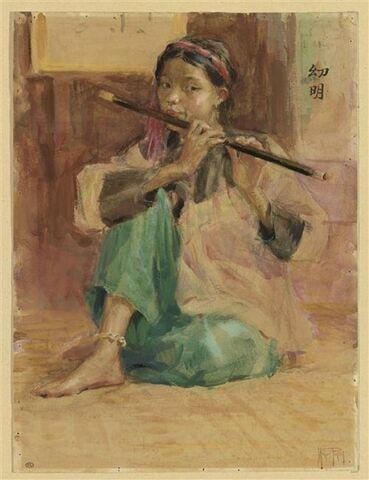 Musicienne vietnamienne assise, jouant de la flûte, image 1/2